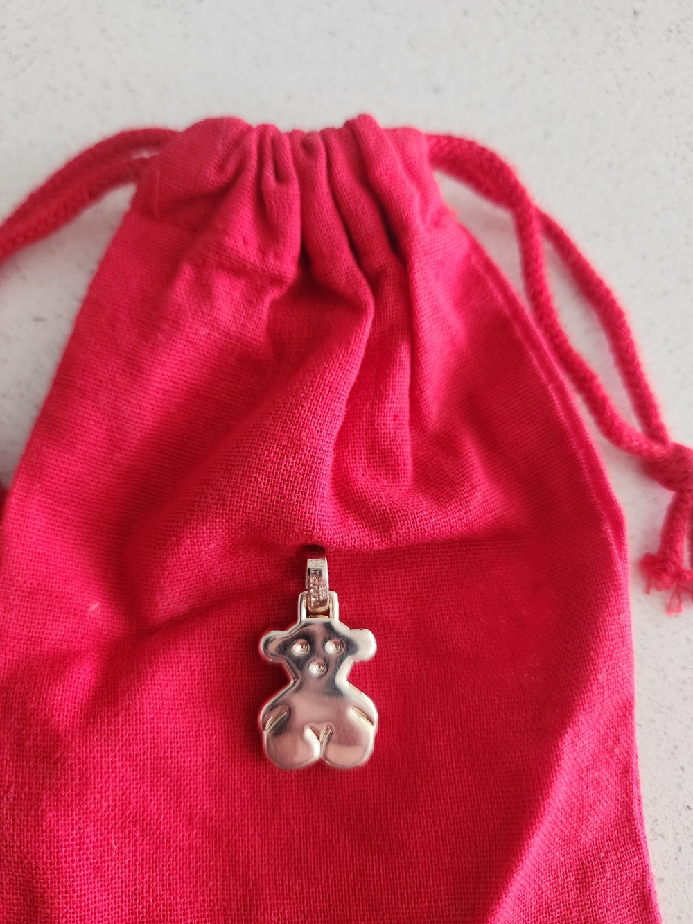Tous Silver Teddy Bear Pendant with Hot Pink Pouch